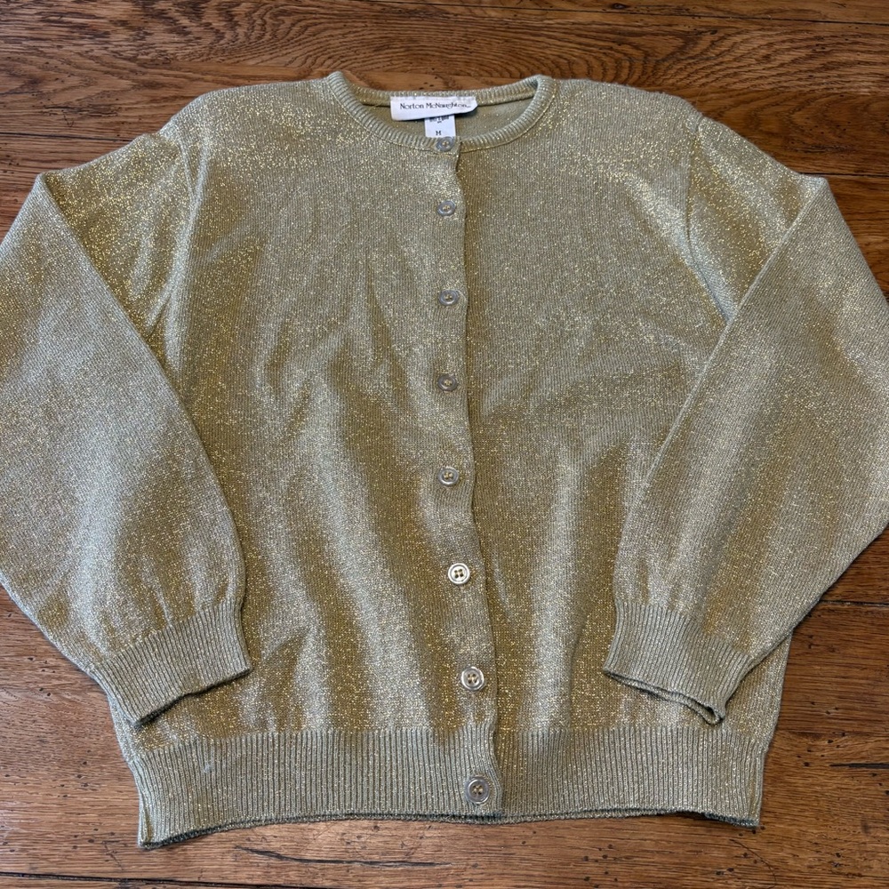 Glamours Vintage USA Norton McNaughton Gold Metallic Cardigan Knit Sweater